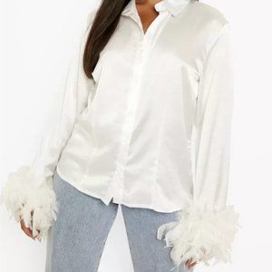 New PLUS FEATHER CUFF OVERSIZED SATIN SHIRT